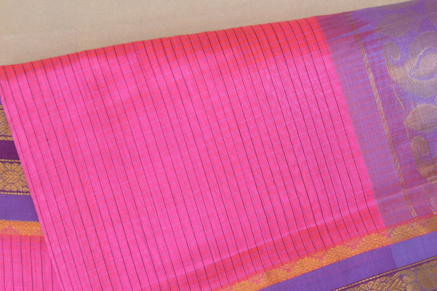 Deep Pink with Lavender Borders Vintage Silk Cotton Saree SS9121
