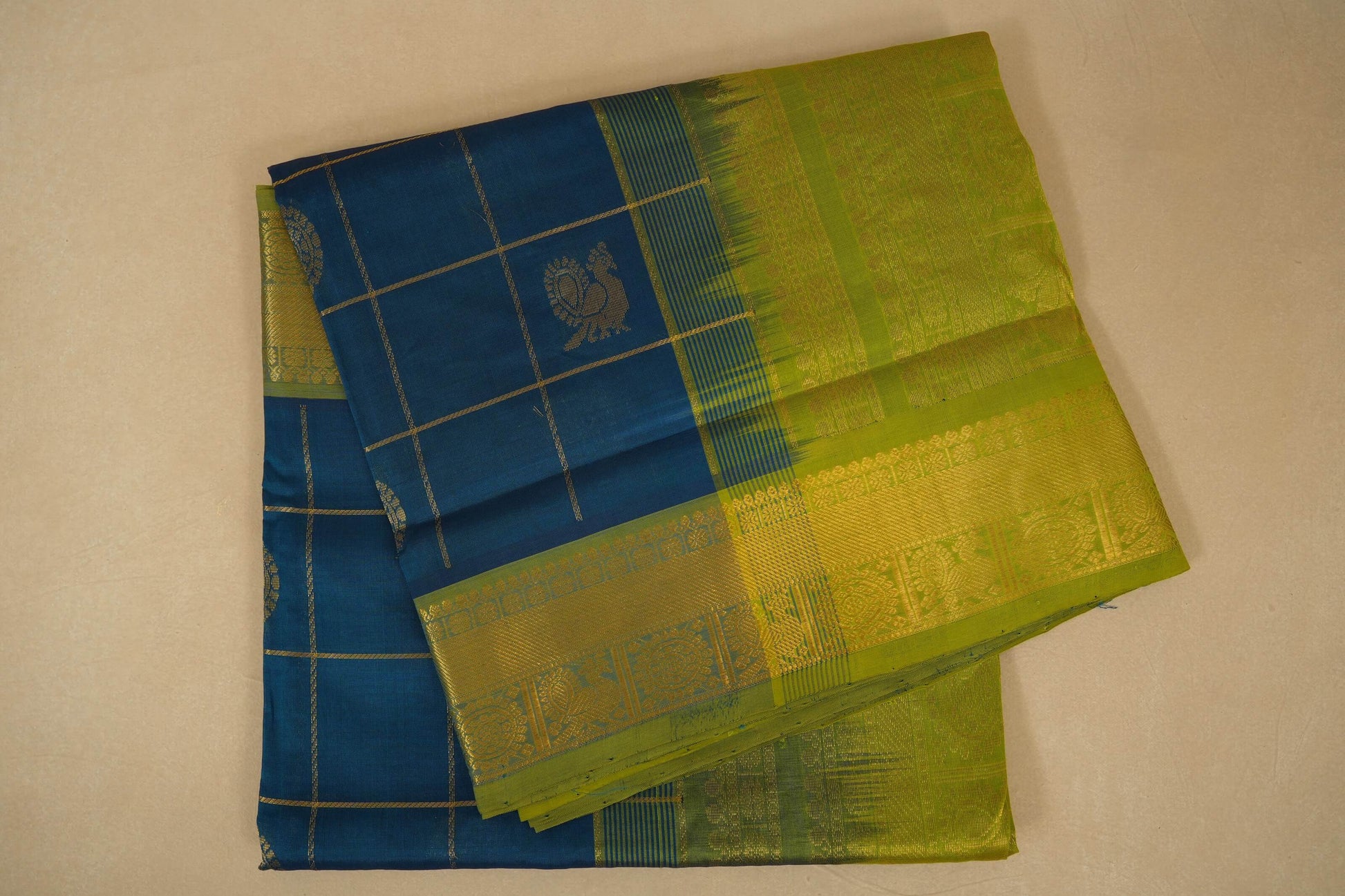 Peacock green checks Nine and a half Yards Silk Cotton Saree 