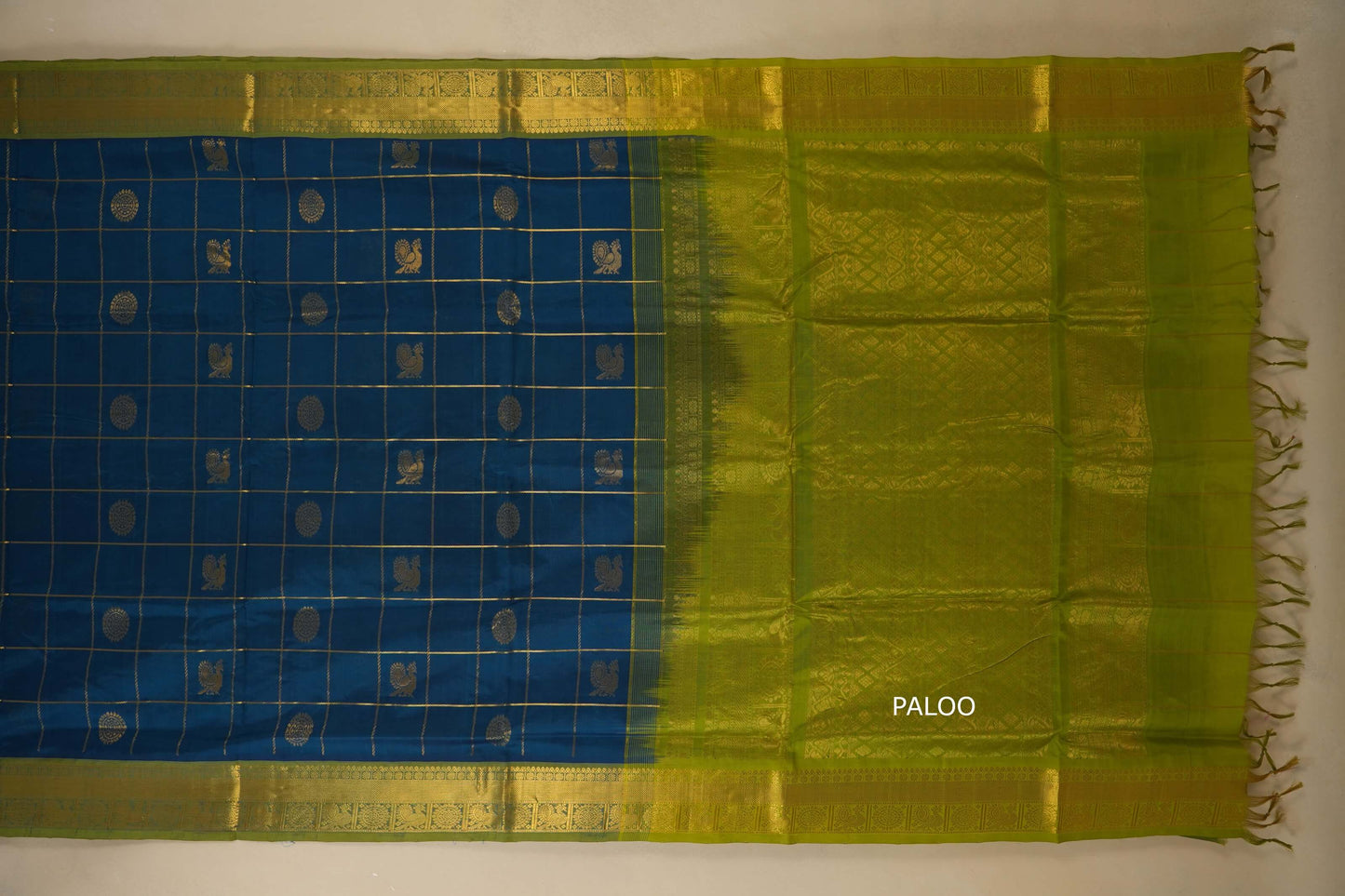 Peacock green checks Nine and a half Yards Silk Cotton Saree  paloo