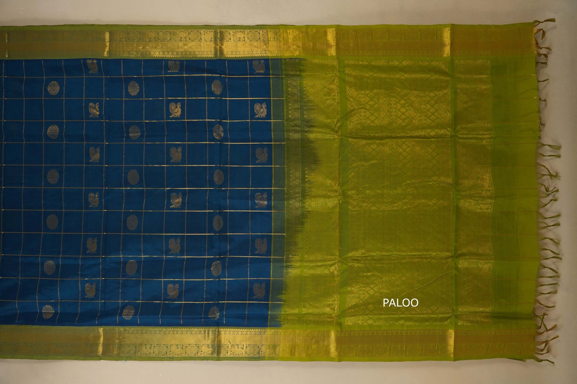Peacock green checks Nine and a half Yards Silk Cotton Saree  paloo
