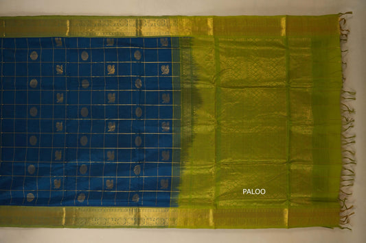 Peacock green checks Nine and a half Yards Silk Cotton Saree  paloo
