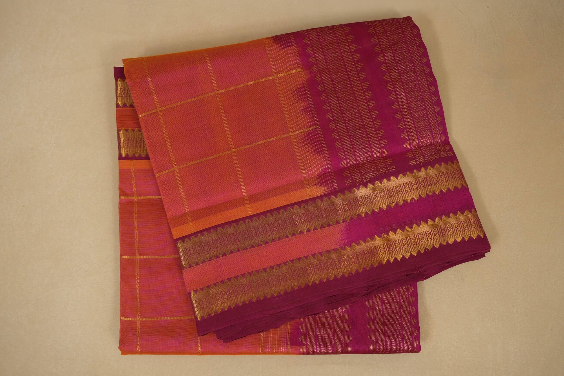 Orange with Pink Dual Tone Nine and a half Yards Silk Cotton Saree 