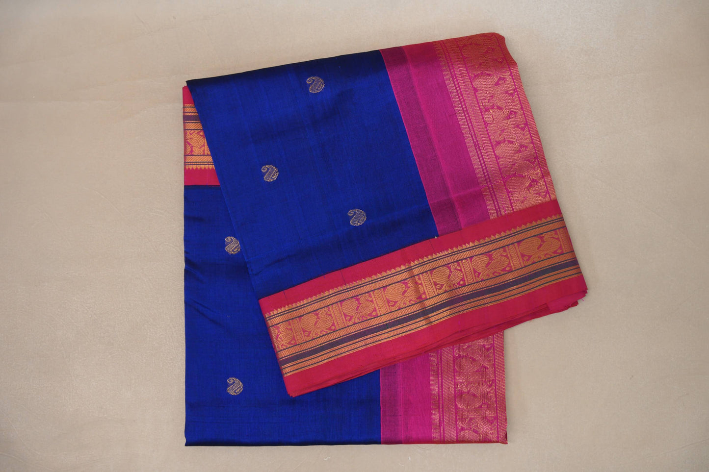 Deep Blue with Bright Pink Borders Vintage Silk Cotton Saree SS9122