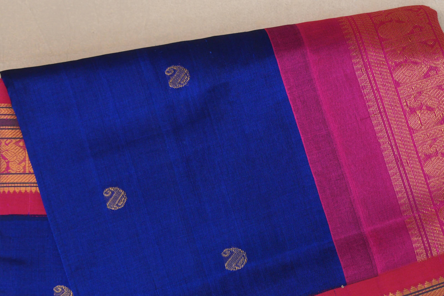 Deep Blue with Bright Pink Borders Vintage Silk Cotton Saree SS9122