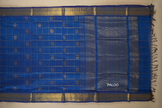 Peacock Blue Nine and a half Yards Silk Cotton Saree paloo