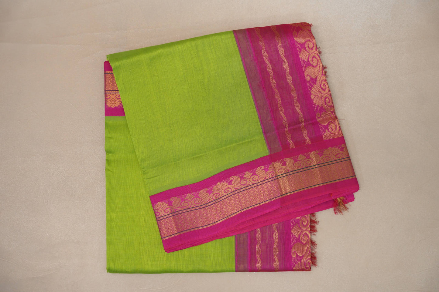 Parrot Green with Bright Pink Borders Vintage Silk Cotton Saree SS9123
