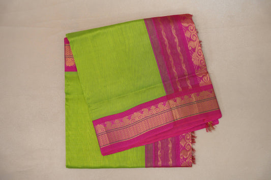 Parrot Green with Bright Pink Borders Vintage Silk Cotton Saree SS9123