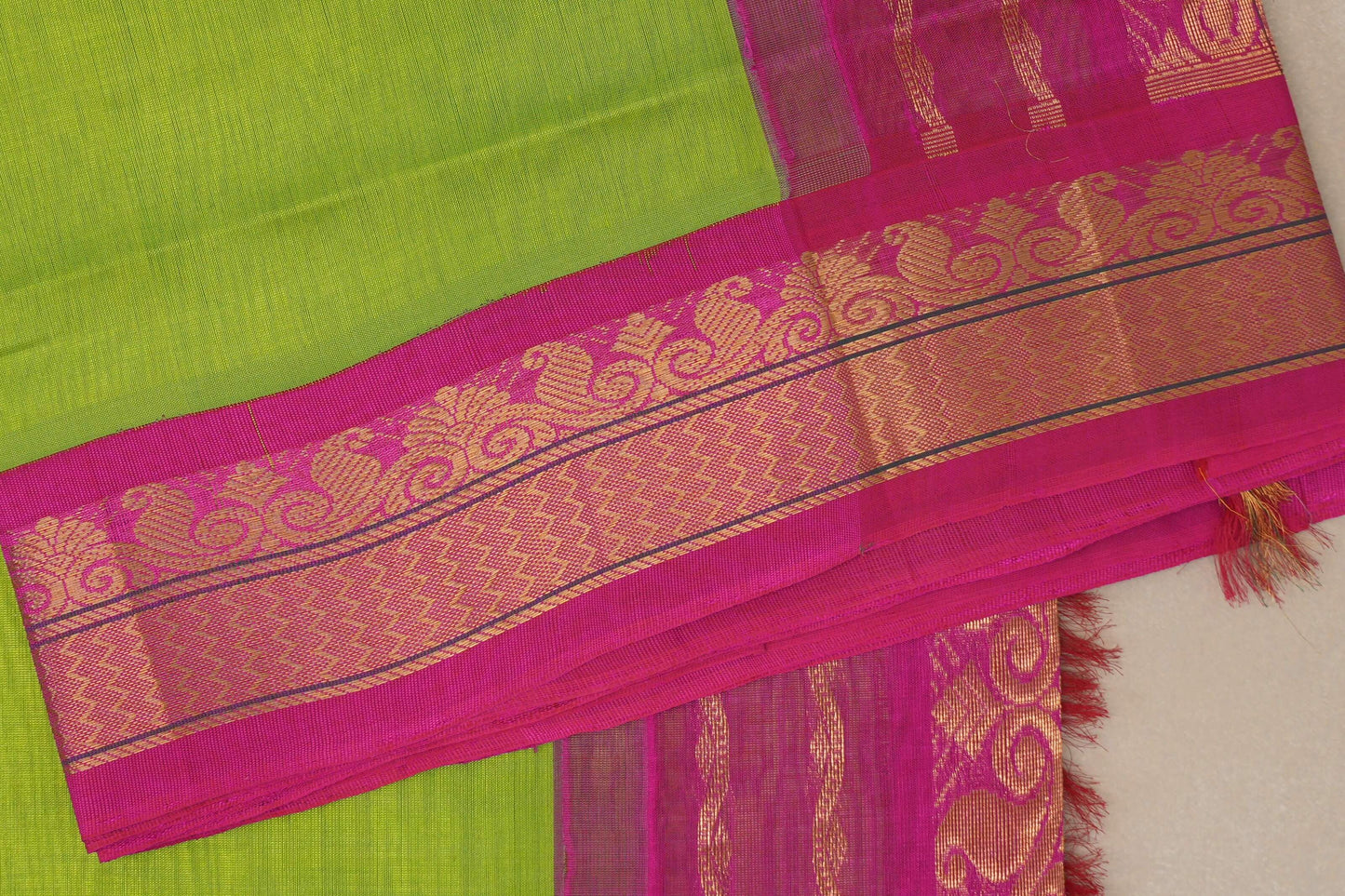 Parrot Green with Bright Pink Borders Vintage Silk Cotton Saree SS9123
