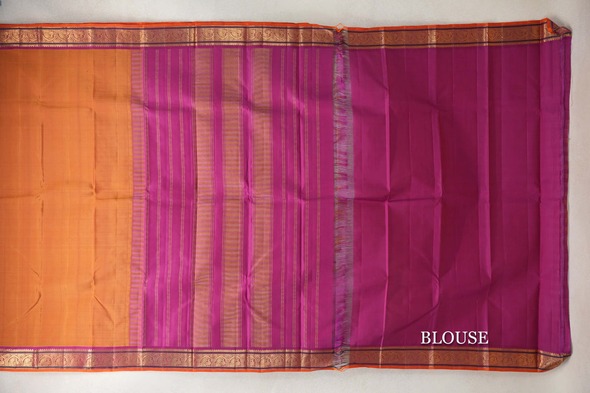 Dual Tone Mustard Orange & Pink Vintage Kanjivaram Silk Saree blouse