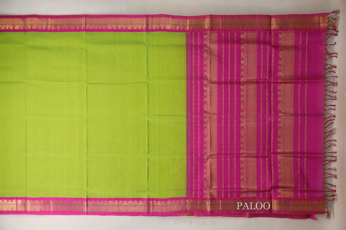 Parrot Green with Bright Pink Borders Vintage Silk Cotton Saree SS9123