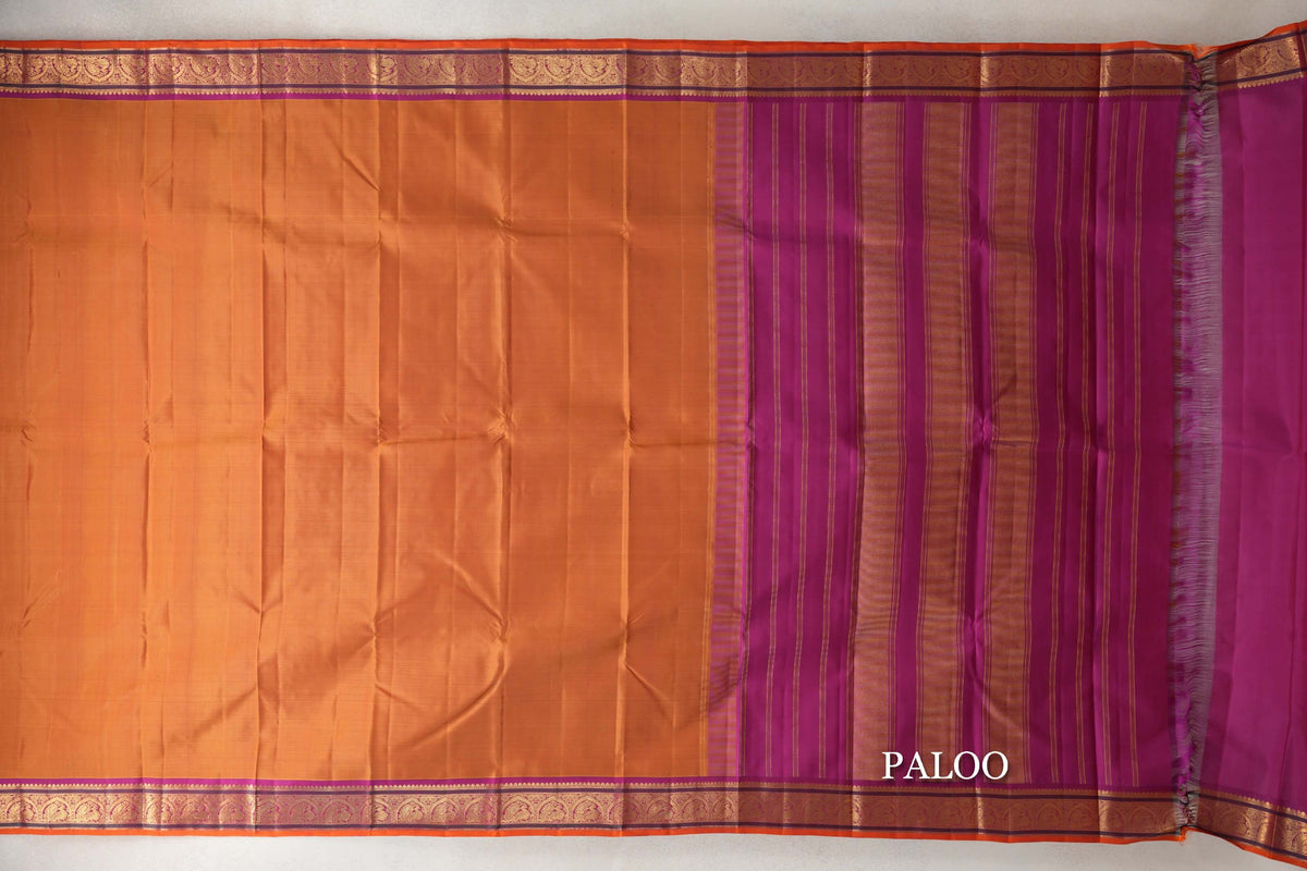 Dual Tone Mustard Orange & Pink Vintage Kanjivaram Silk Saree paloo