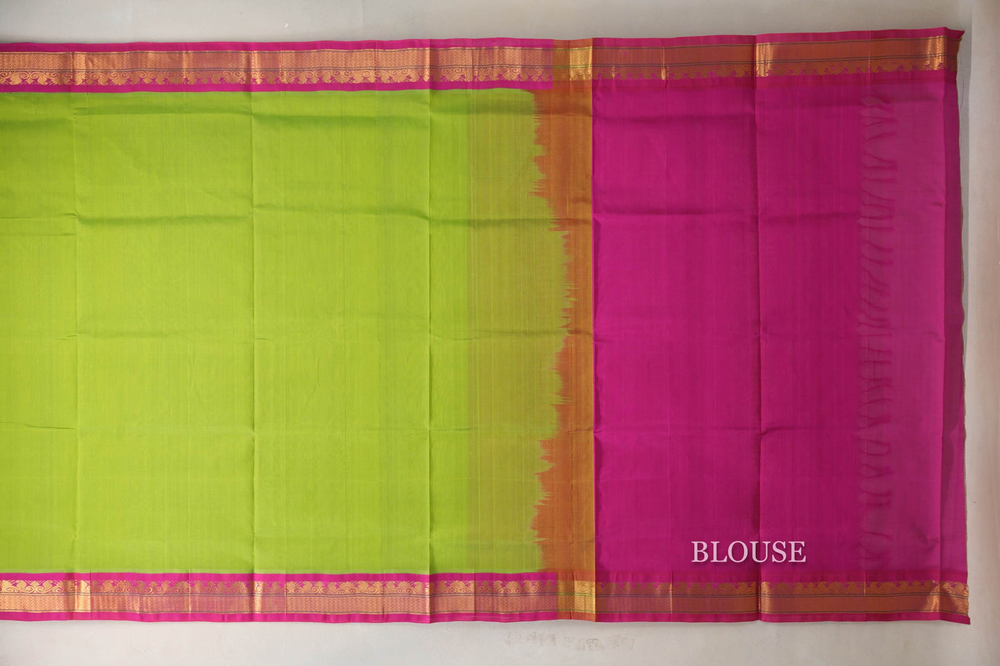 Parrot Green with Bright Pink Borders Vintage Silk Cotton Saree SS9123