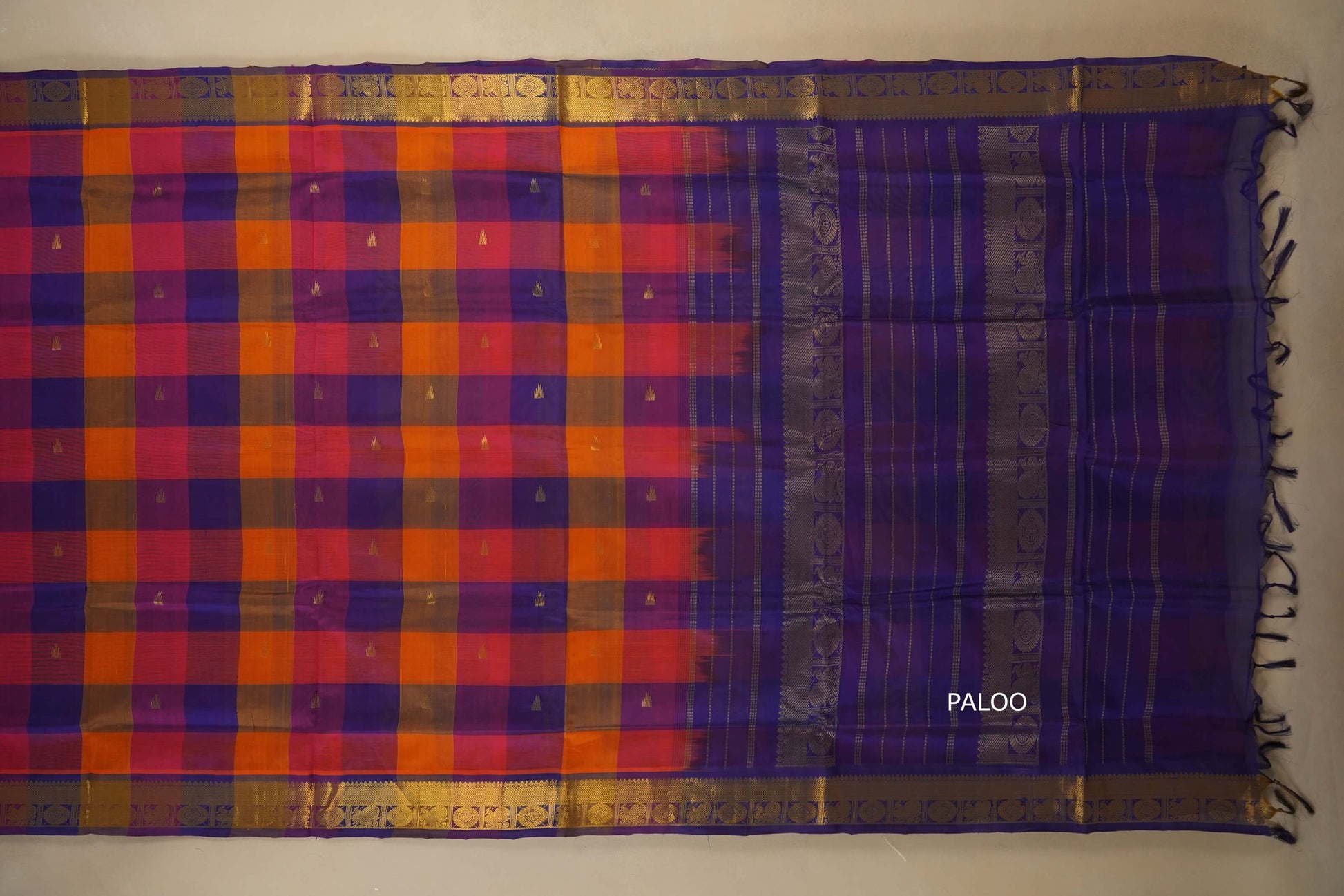 Multi color checks Nine and a half Yards Silk Cotton Saree paloo