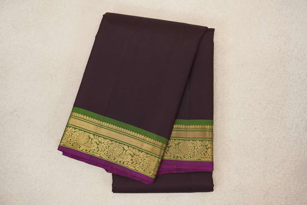 Kanjana Brown with Leaf Green with Deep Magenta Selvedge Borders Vintage Kanjivaram Silk Saree