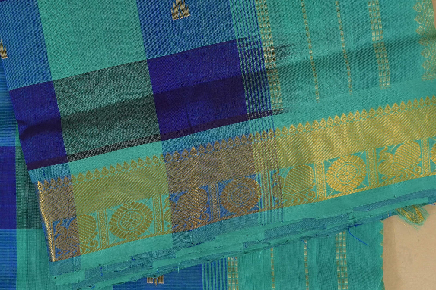 Multi color checks with rama blue paloo Nine and a half Yards Silk Cotton Saree border