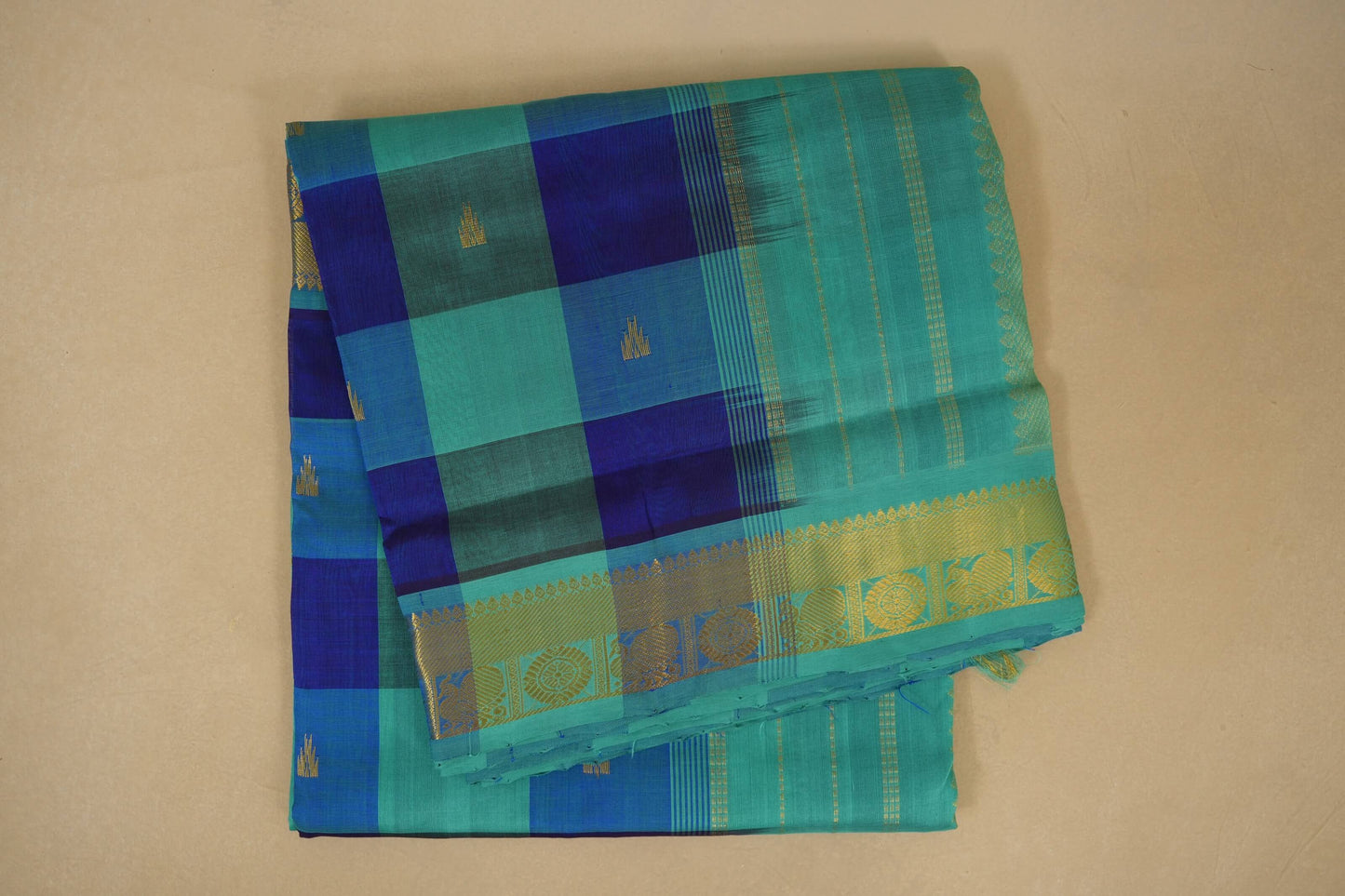 Multi color checks with rama blue paloo Nine and a half Yards Silk Cotton Saree