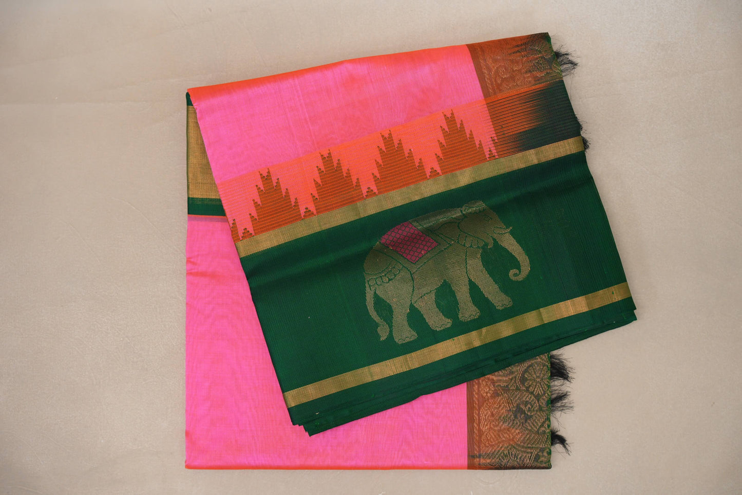 Orangish Pink with Emerald Green Borders Vintage Silk Cotton Saree SS9124