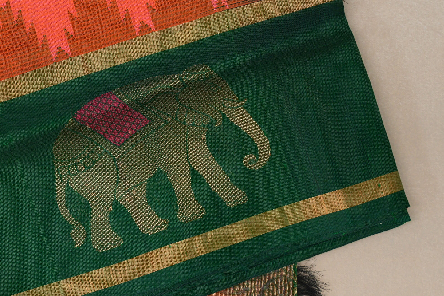 Orangish Pink with Emerald Green Borders Vintage Silk Cotton Saree SS9124