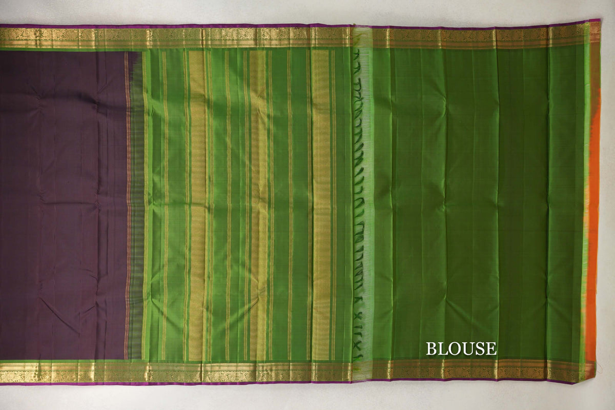 Kanjana Brown with Leaf Green with Deep Magenta Selvedge Borders Vintage Kanjivaram Silk Saree blouse