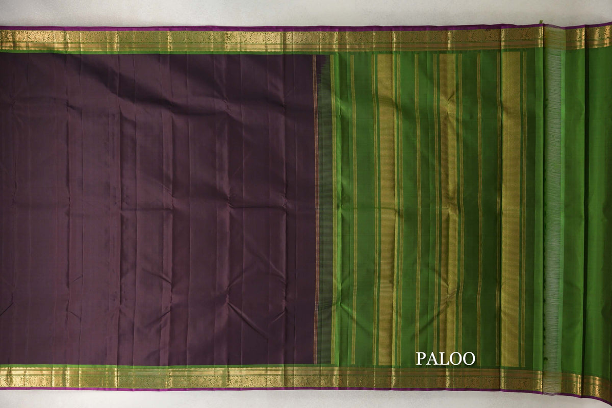 Kanjana Brown with Leaf Green with Deep Magenta Selvedge Borders Vintage Kanjivaram Silk Saree paloo