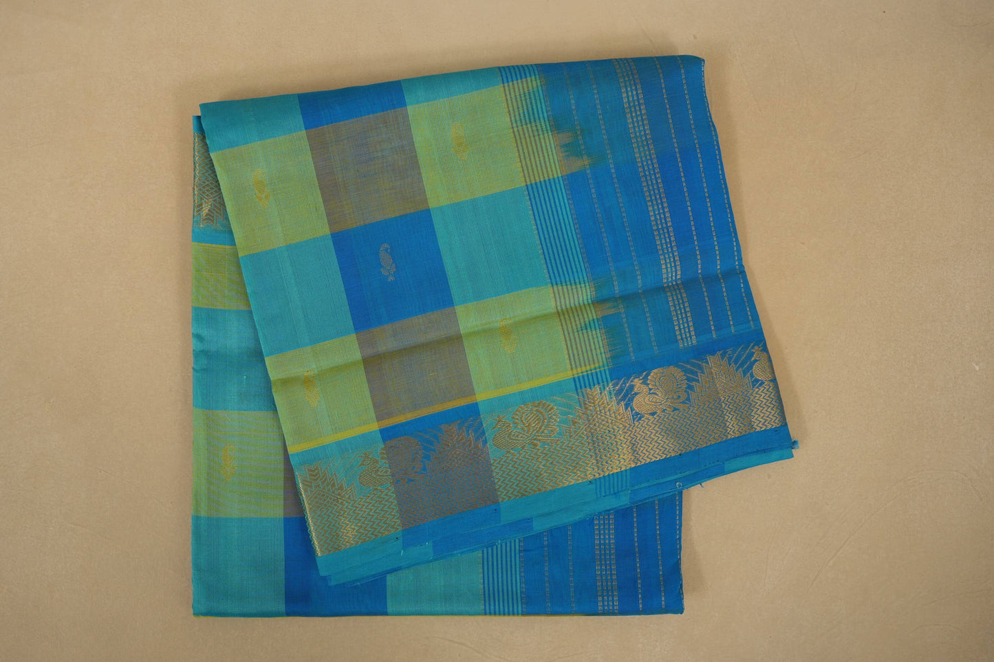 Multi color checks with sky blue paloo Nine and a half Yards Silk Cotton Saree 