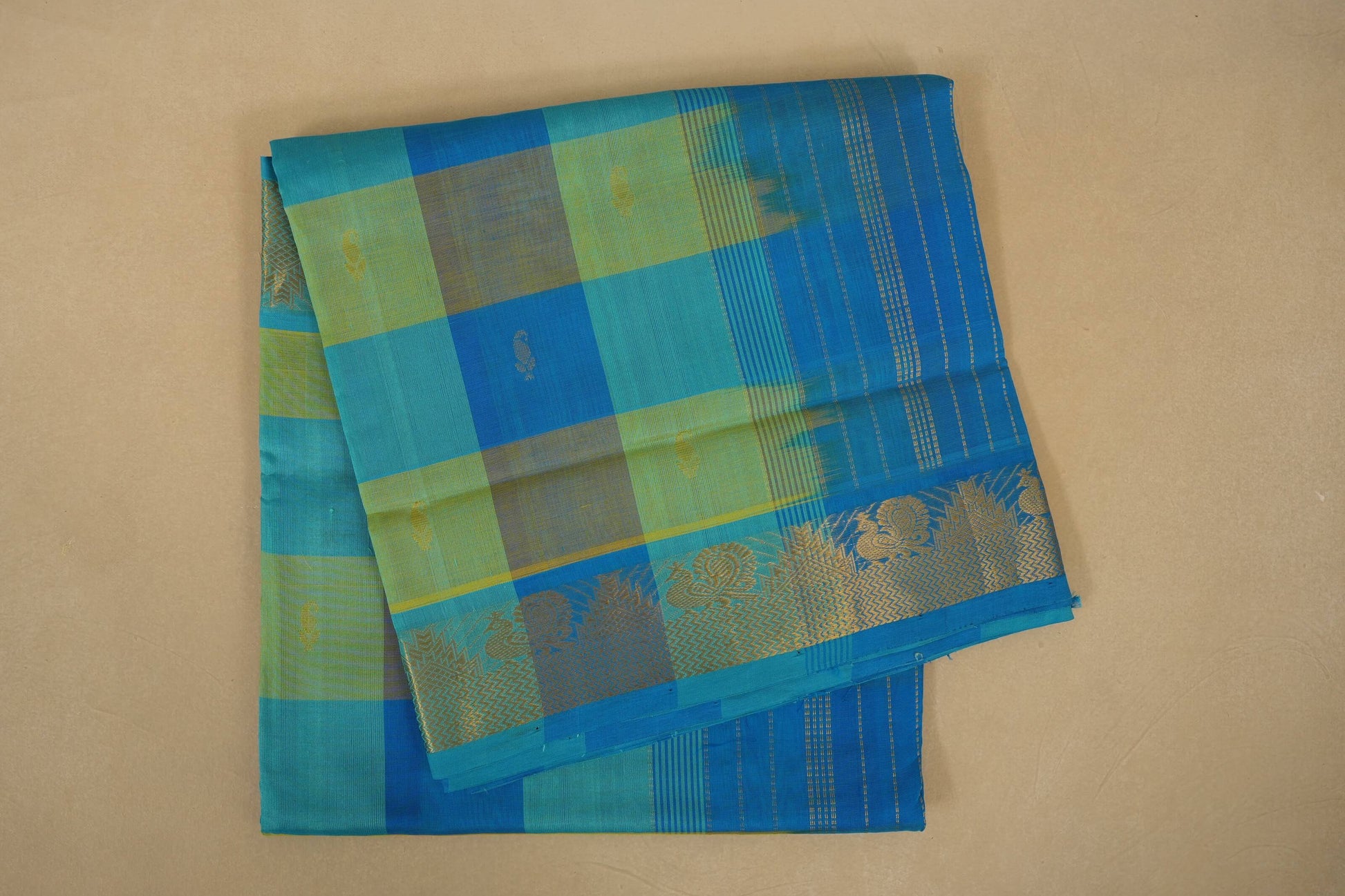 Multi color checks with sky blue paloo Nine and a half Yards Silk Cotton Saree 