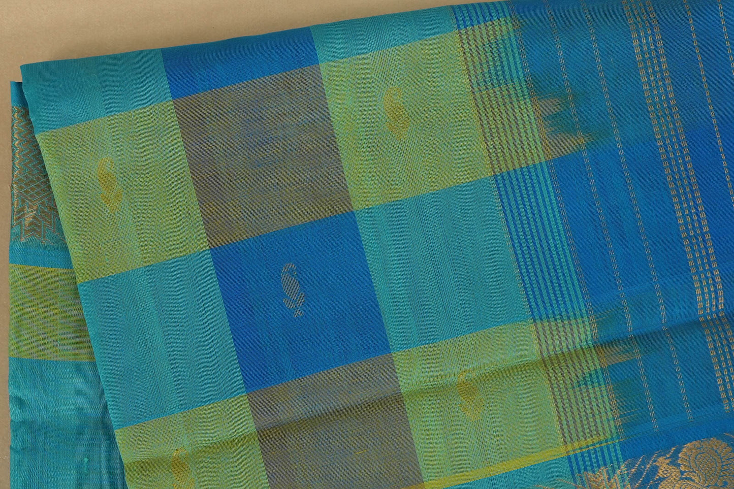 Multi color checks with sky blue paloo Nine and a half Yards Silk Cotton Saree body