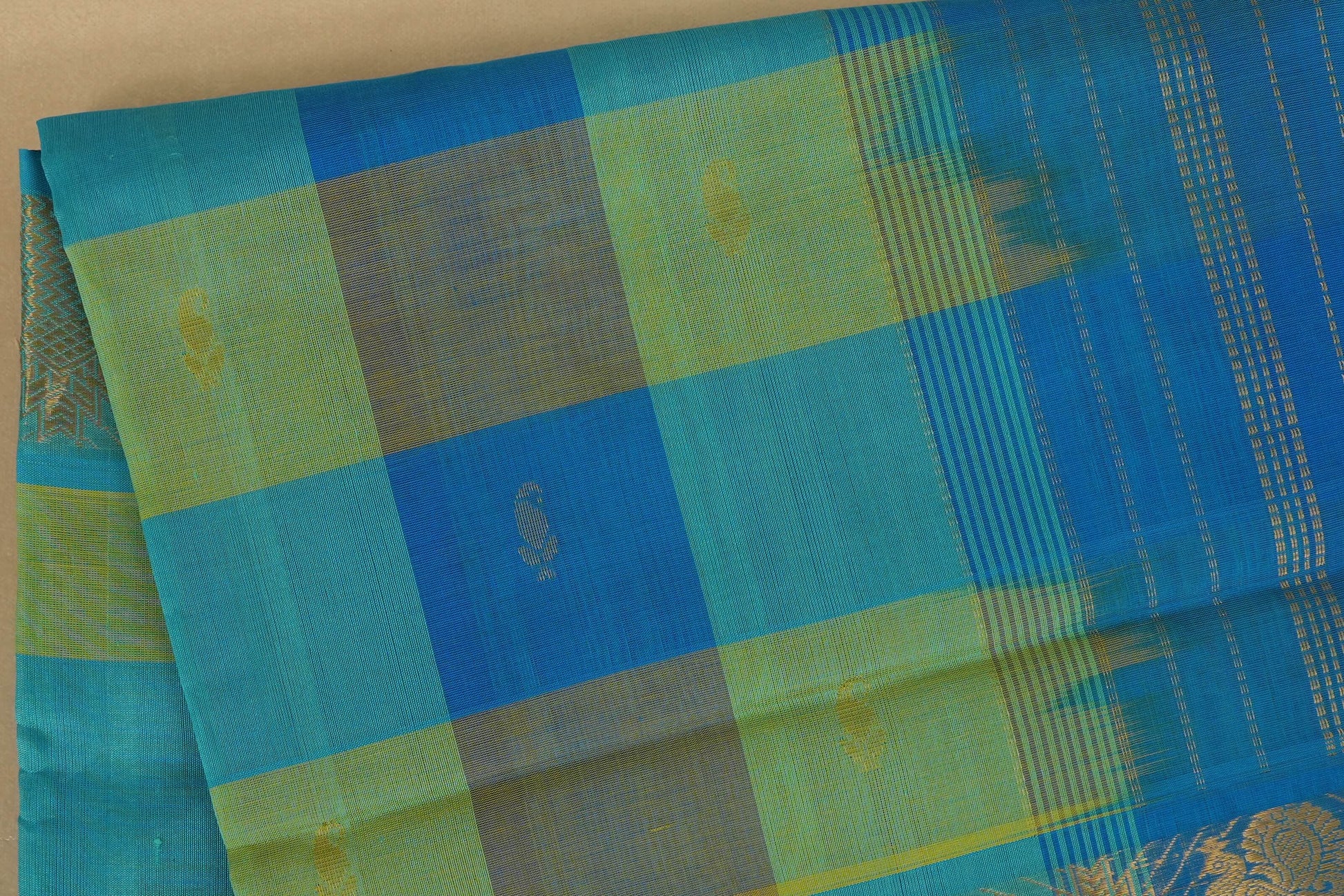 Multi color checks with sky blue paloo Nine and a half Yards Silk Cotton Saree body