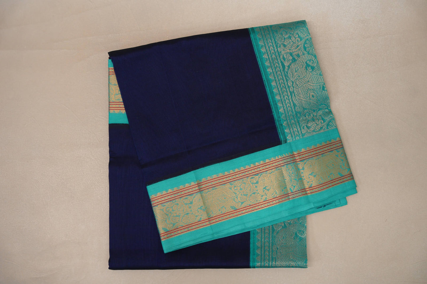 Deep Navy Blue with Aqua Blue Borders Vintage Silk Cotton Saree SS9125