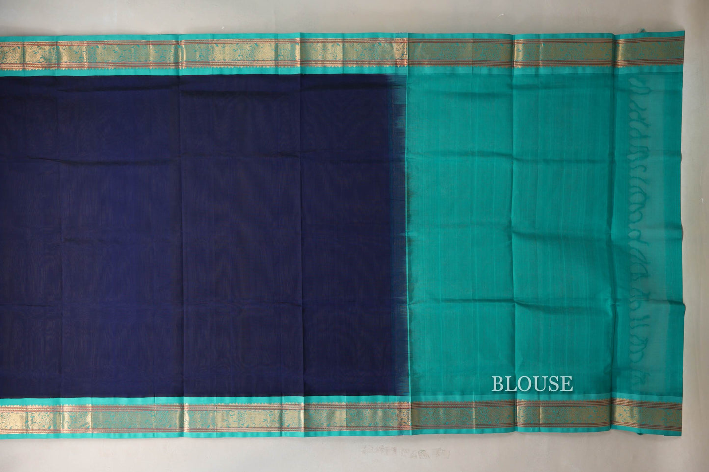 Deep Navy Blue with Aqua Blue Borders Vintage Silk Cotton Saree SS9125