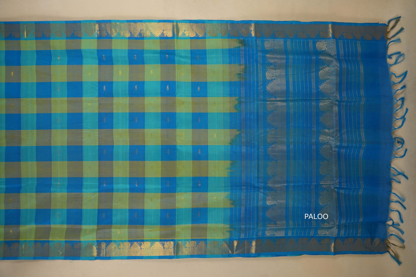Multi color checks with sky blue paloo Nine and a half Yards Silk Cotton Saree paloo