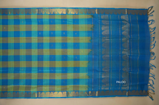 Multi color checks with sky blue paloo Nine and a half Yards Silk Cotton Saree paloo