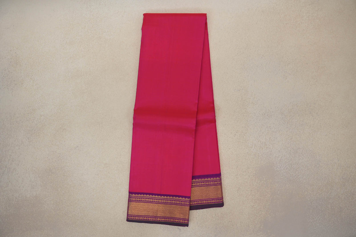 Online Orangish Pink with Deep Purple with Deep Bottle Green Selvedge Borders Vintage Kanjivaram Silk Saree