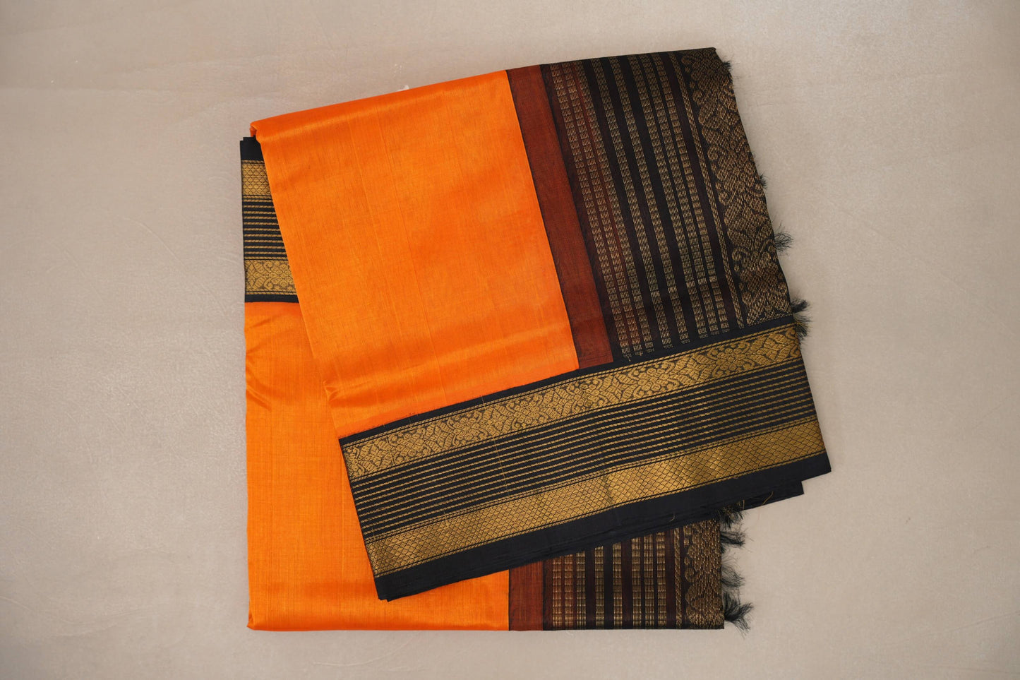 Reddish Orange with Black Borders Vintage Silk Cotton Saree SS9126