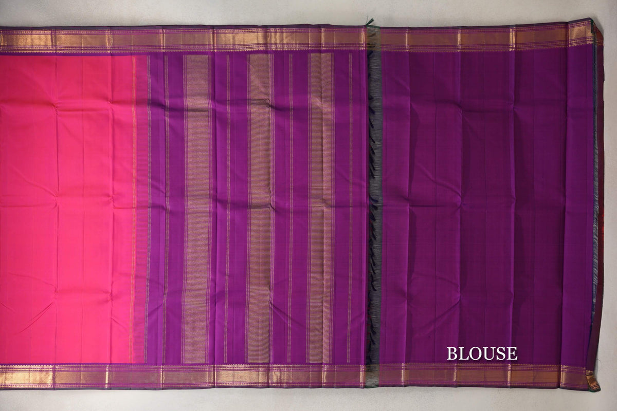 Orangish Pink with Deep Purple with Deep Bottle Green Selvedge Borders Vintage Kanjivaram Silk Saree blouse