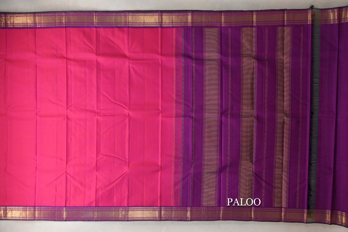Orangish Pink with Deep Purple with Deep Bottle Green Selvedge Borders Vintage Kanjivaram Silk Saree paloo