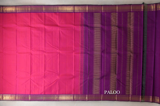 Orangish Pink with Deep Purple with Deep Bottle Green Selvedge Borders Vintage Kanjivaram Silk Saree paloo