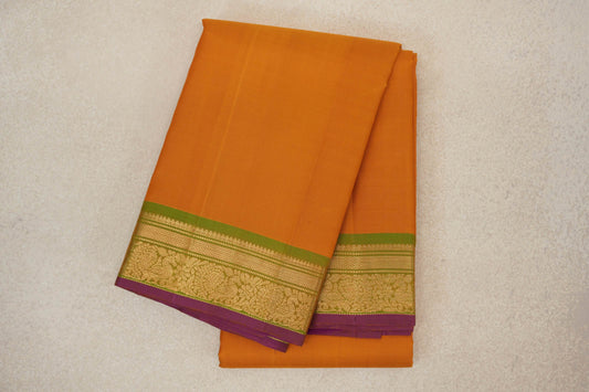 Mango Orange with Light Leaf Green with Deep Magenta Selvedge Borders Vintage Kanjivaram Silk Saree