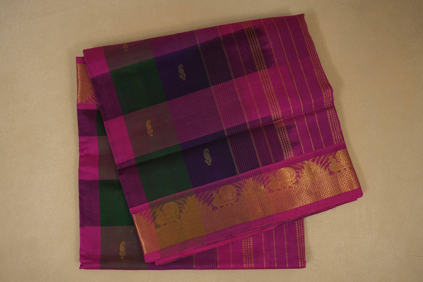 Multi color checks with pink paloo Nine and a half Yards Silk Cotton Saree 