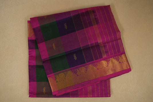 Multi color checks with pink paloo Nine and a half Yards Silk Cotton Saree 