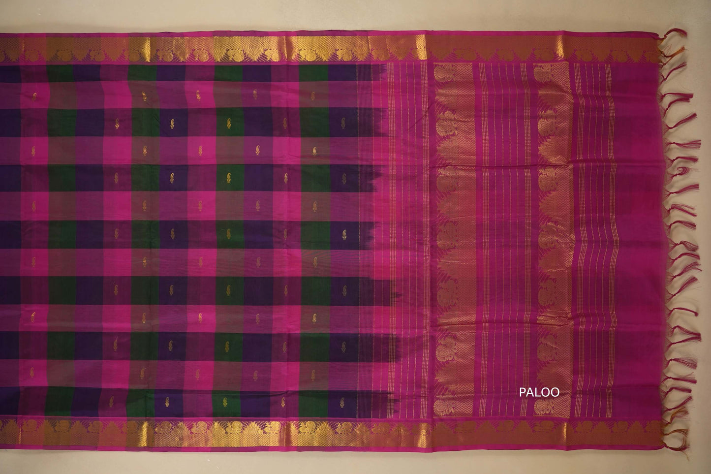 Multi color checks with pink paloo Nine and a half Yards Silk Cotton Saree paloo