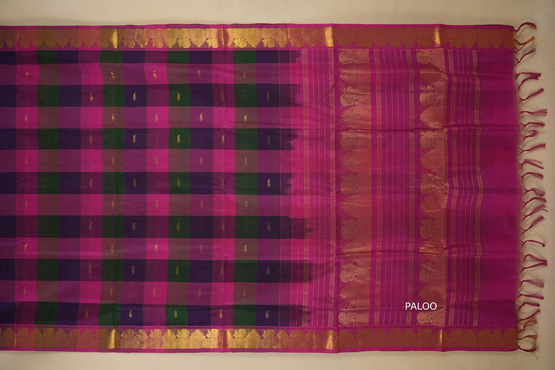 Multi color checks with pink paloo Nine and a half Yards Silk Cotton Saree paloo