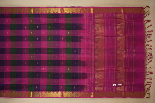 Multi color checks with pink paloo Nine and a half Yards Silk Cotton Saree paloo