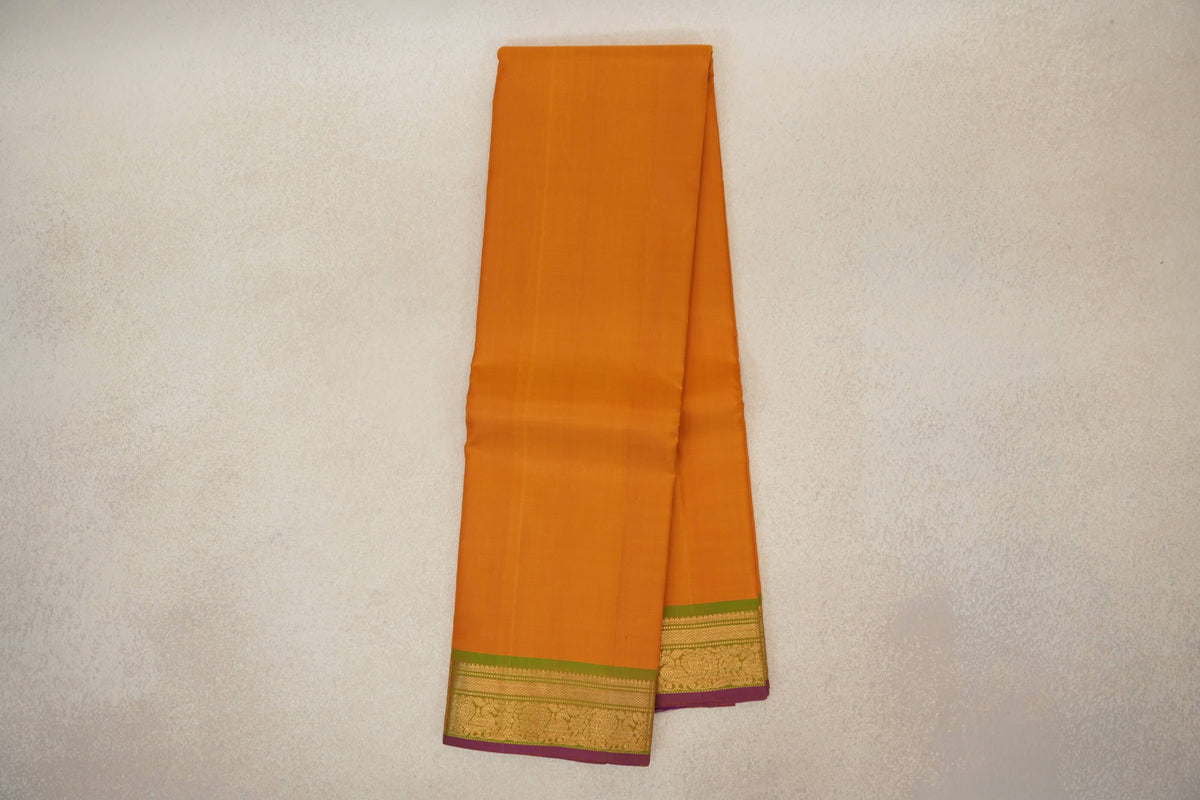Online Mango Orange with Light Leaf Green with Deep Magenta Selvedge Borders Vintage Kanjivaram Silk Saree