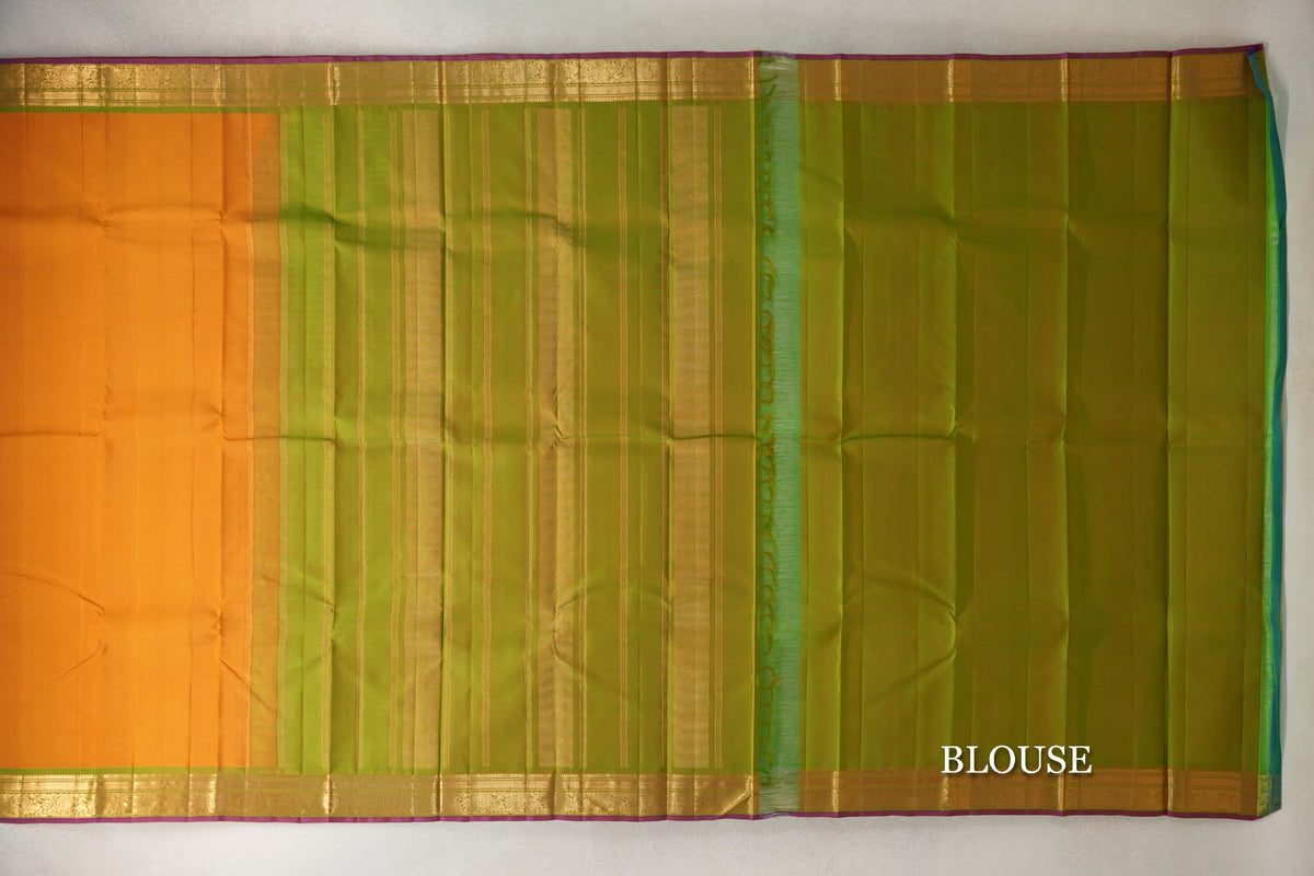 Mango Orange with Light Leaf Green with Deep Magenta Selvedge Borders Vintage Kanjivaram Silk Saree blouse