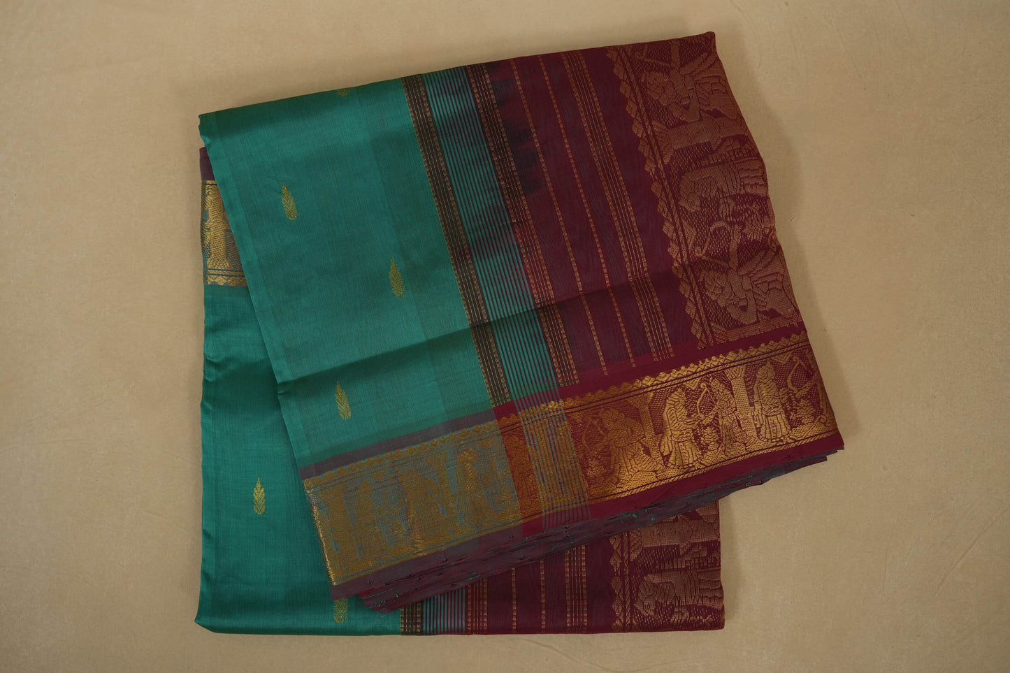 Emerald Green with maroon Nine and a half Yards Silk Cotton Saree 