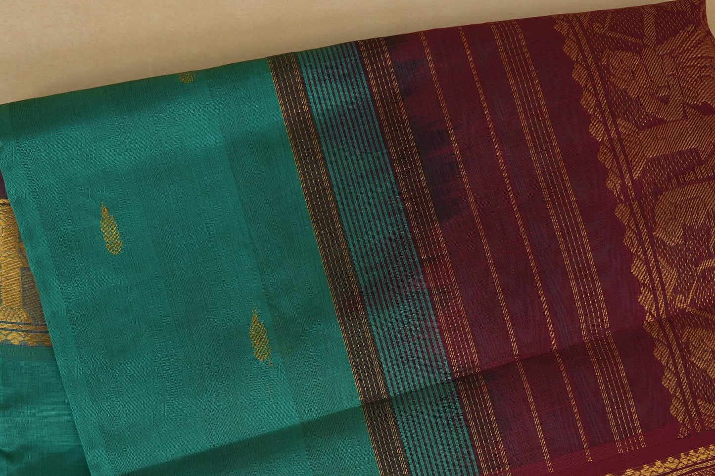 Emerald Green with maroon Nine and a half Yards Silk Cotton Saree  paloo