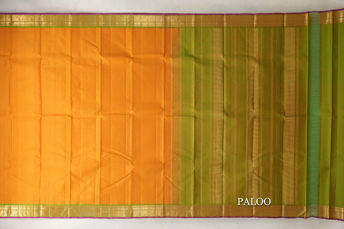 Mango Orange with Light Leaf Green with Deep Magenta Selvedge Borders Vintage Kanjivaram Silk Saree paloo