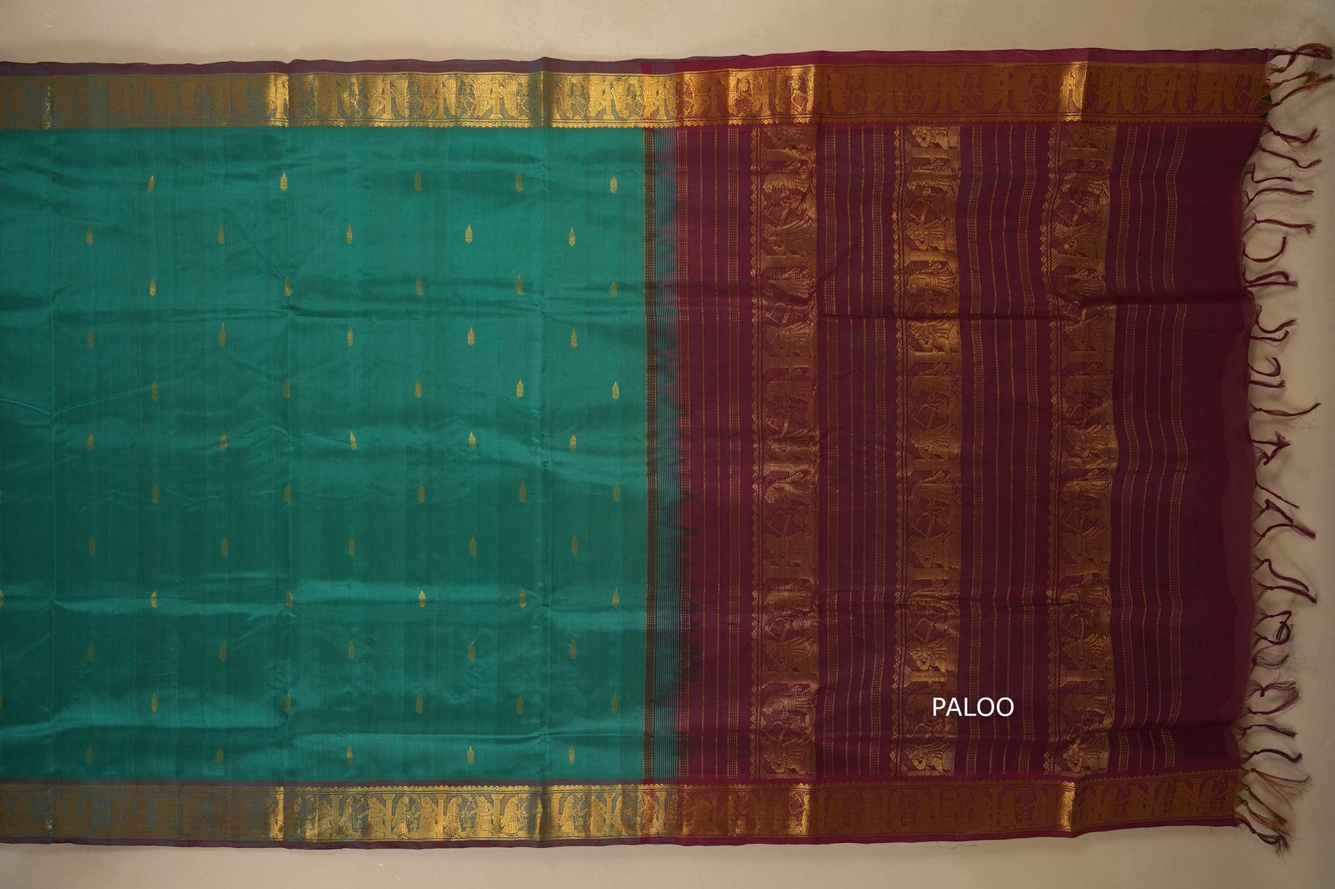 Emerald Green with maroon Nine and a half Yards Silk Cotton Saree paloo