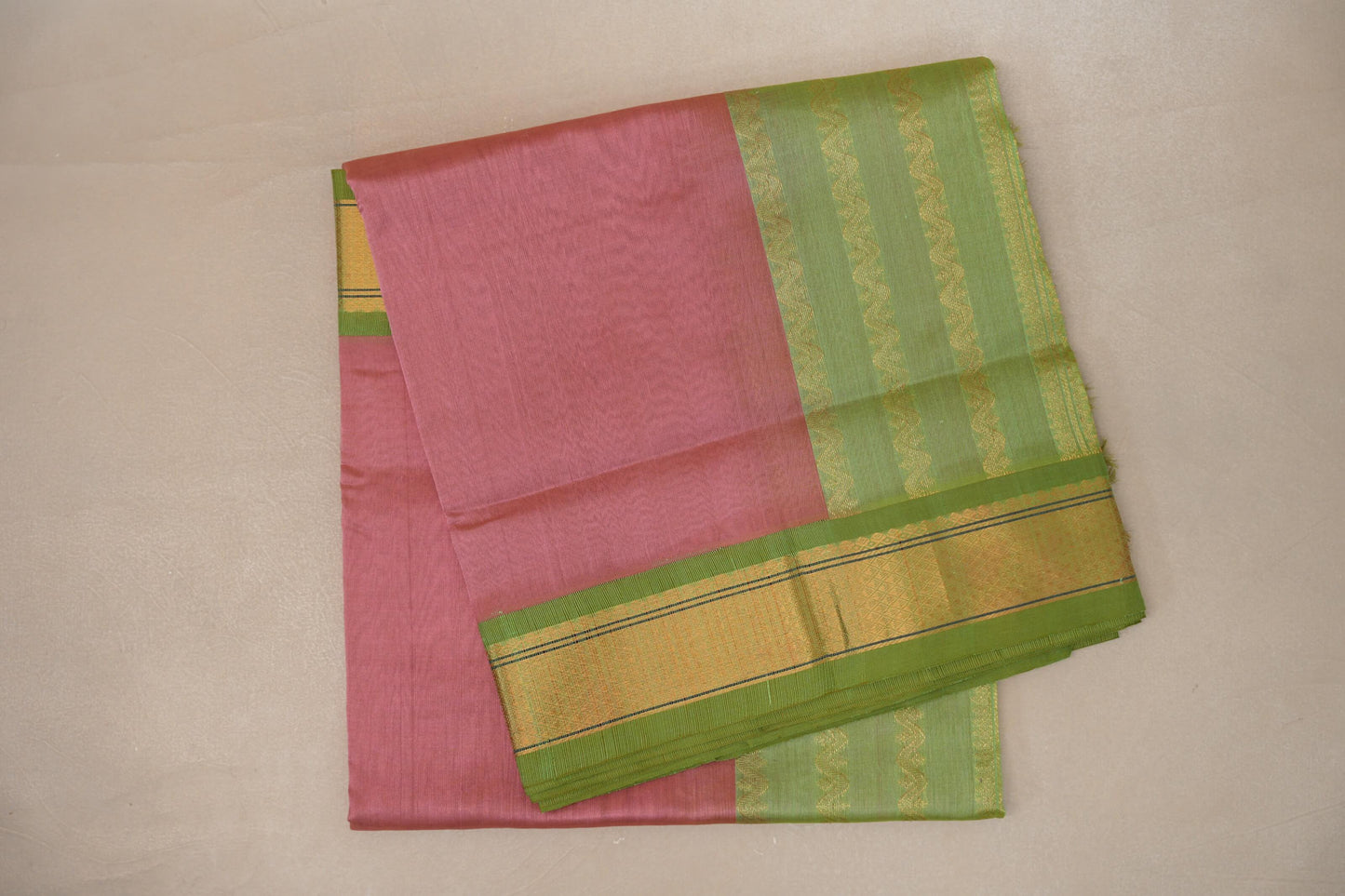 Sea Pink with Light Leaf Green Borders Vintage Silk Cotton Saree SS9128